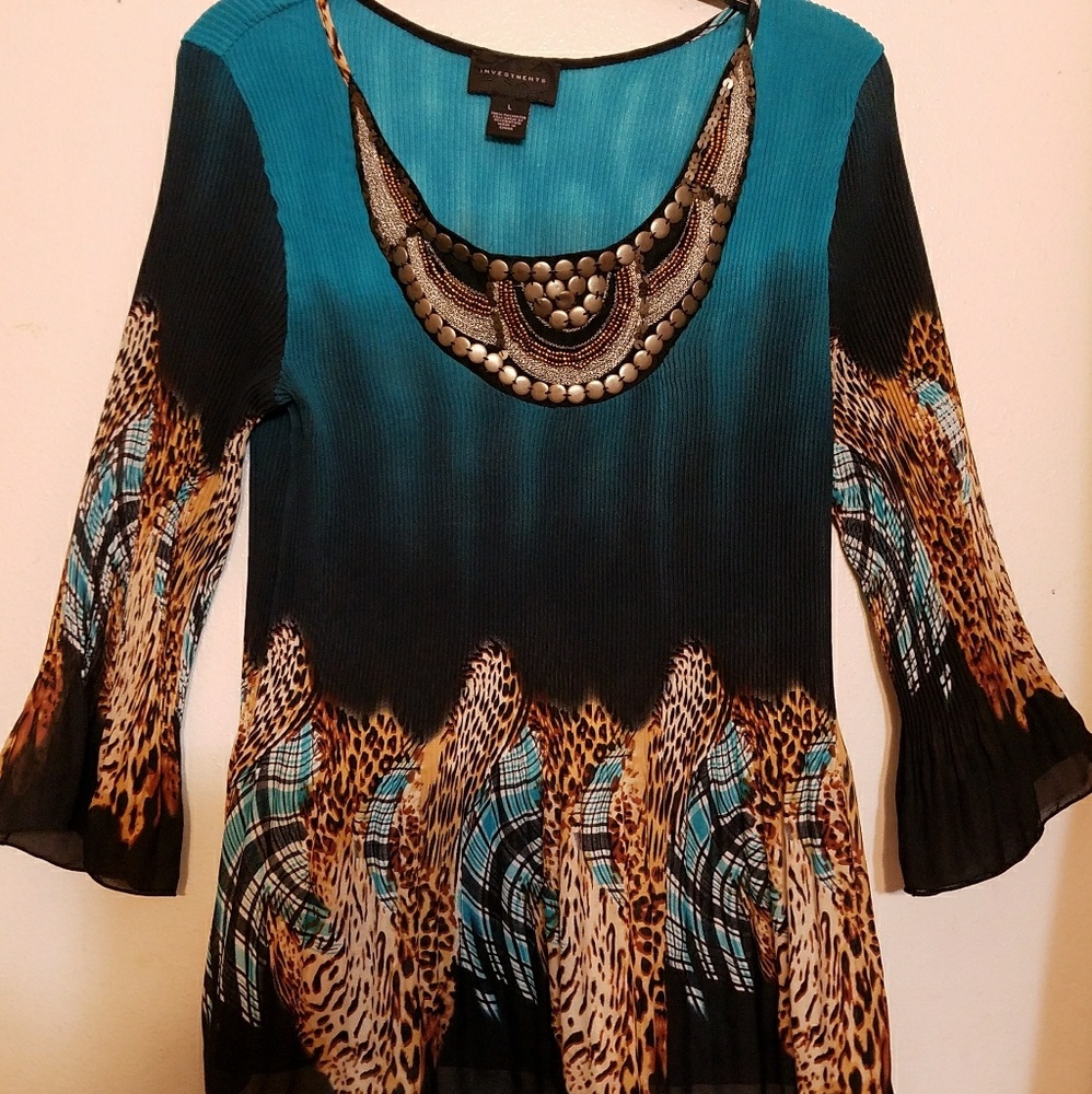 Turquoise and black blouse